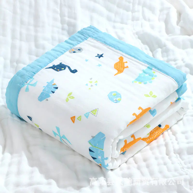 Blue 100% cotton unicorn baby swaddle blanket with 6 layers, 110x110cm, soft and breathable for gentle bodycare.