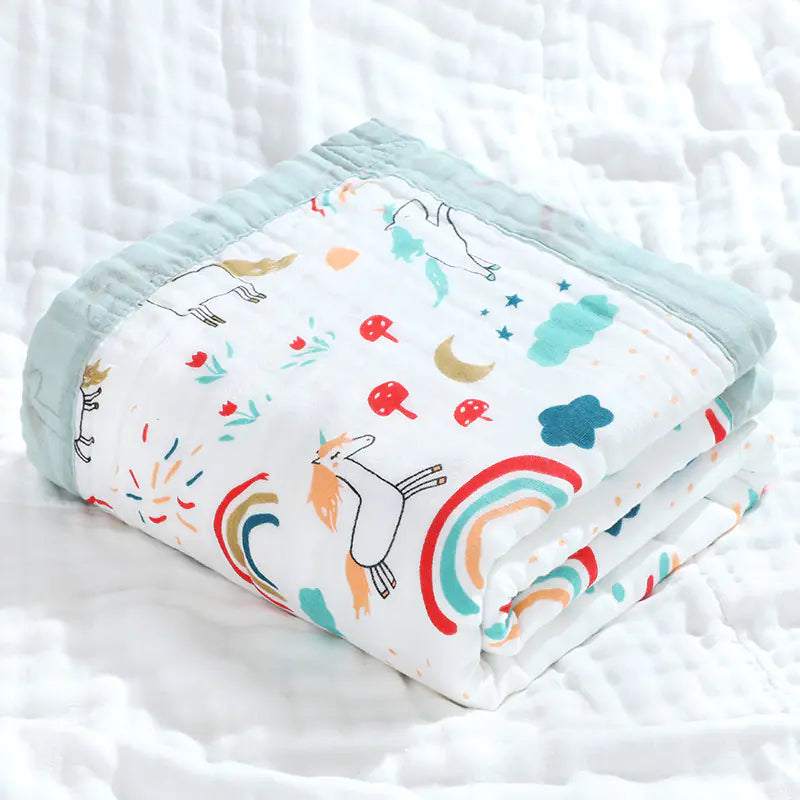 Alvionz.de 100% cotton blue unicorn baby swaddle blanket with 6 layers, measuring 110x110cm for comfortable newborn wrapping.