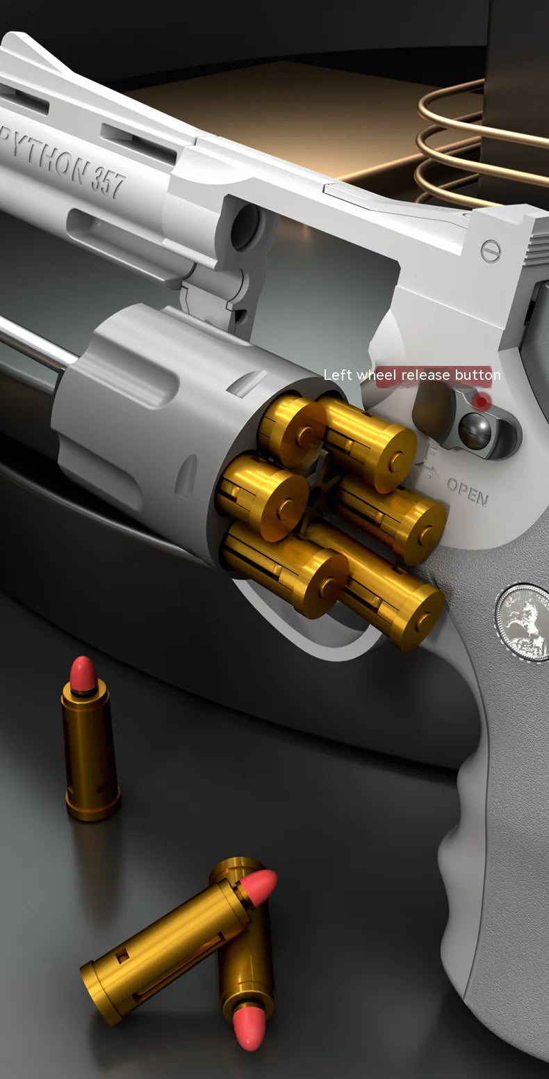 Children's left-wheel soft bullet toy pistol by Alvionz.de, black and green plastic toy gun with a cast shell design.