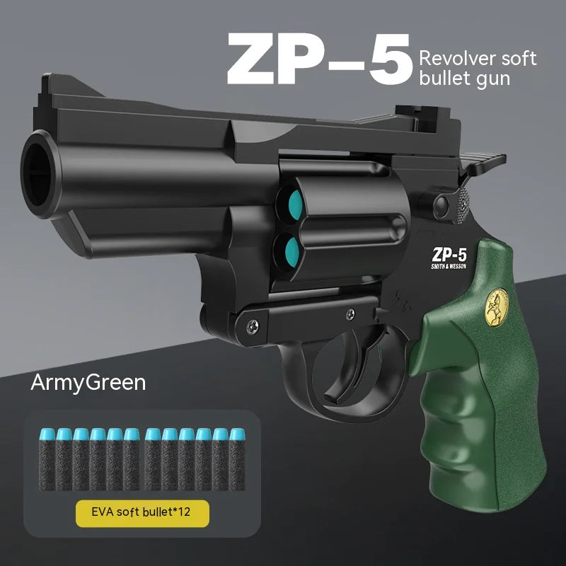 Children's Alvionz.de left-wheel soft bullet toy pistol with black and green plastic shell, designed for safe outdoor play.