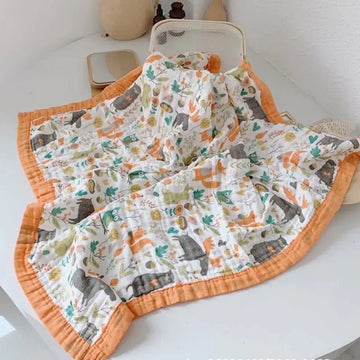 Soft cotton 6-layer baby gauze bath towel blanket by Alvionz.de featuring a cute hippo design for gentle baby care.