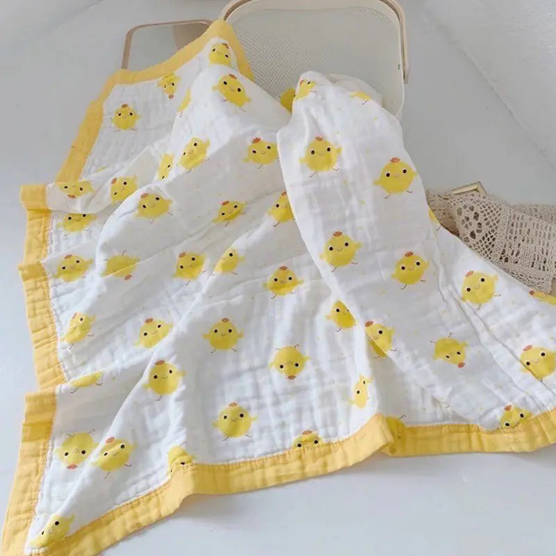 Soft cotton 6-layer baby gauze bath towel blanket with hippo design, perfect for gentle baby skin.