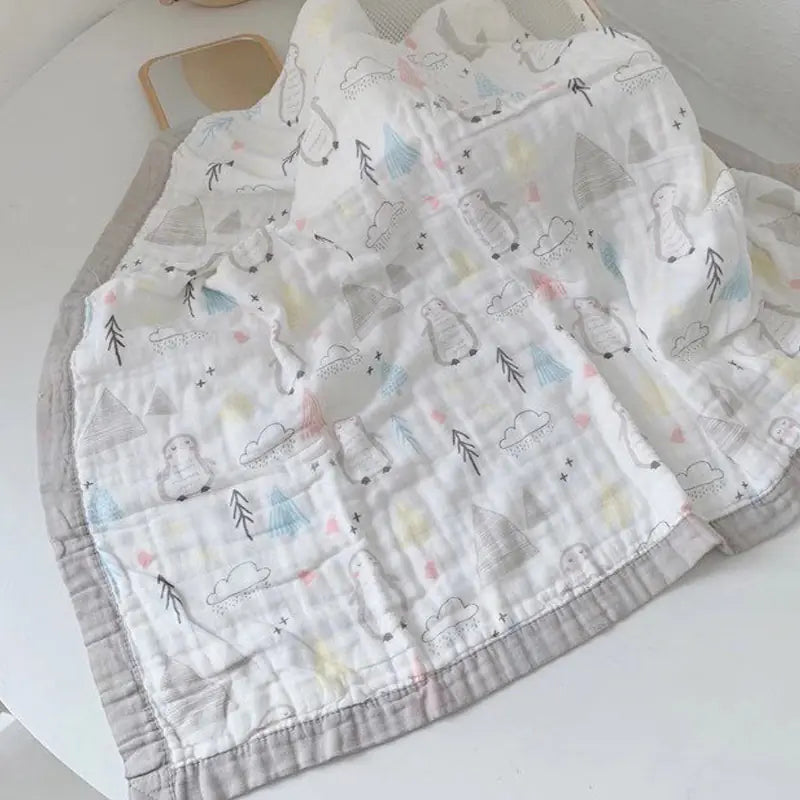 Soft cotton 6-layer baby gauze bath towel blanket with a cute hippo design, ideal for gentle baby skin.
