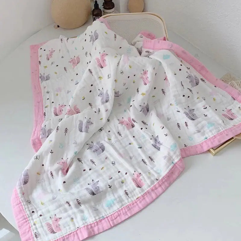 Soft cotton 6-layer baby gauze bath towel blanket by Alvionz.de, featuring a cute hippo design, ideal for gentle baby drying.