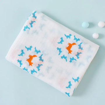 Soft cotton double-layer cartoon baby blanket featuring a cute fox design, perfect for infants and toddlers.