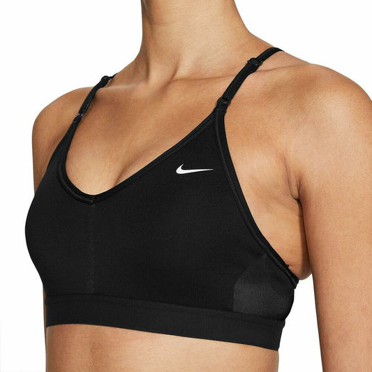 Black Nike Indy V sports bra for women, designed for comfort and support during sports and outdoor activities.