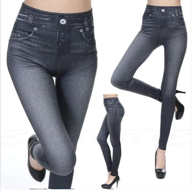 Black denim leggings from Alvionz, featuring a close-up of the stretchy fabric and fitted design for a casual, stylish look.