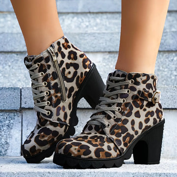 Carmine Juneberry leopard print women's winter boots with square heels and stylish design, size 42.