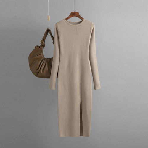 Autumn And Winter Long Sleeve Knitted Backless Round Neck Dress Carmine Juneberry