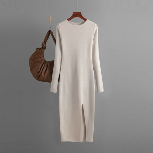 Autumn And Winter Long Sleeve Knitted Backless Round Neck Dress Carmine Juneberry