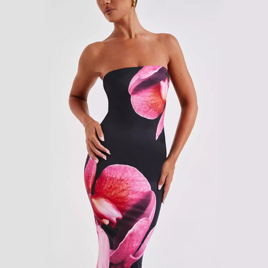 25 Edition – Backless Floral Draped Tube Maxi Dress (NICHE) Carmine Juneberry