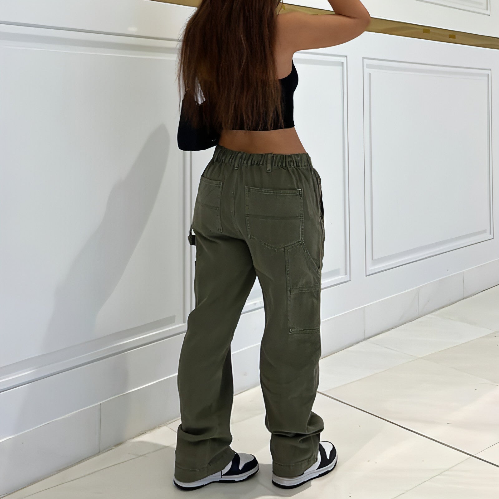 Carmine Juneberry CargoMuse™ high waist straight-leg utility jeans for women, in green, showcasing durable denim and functional design.