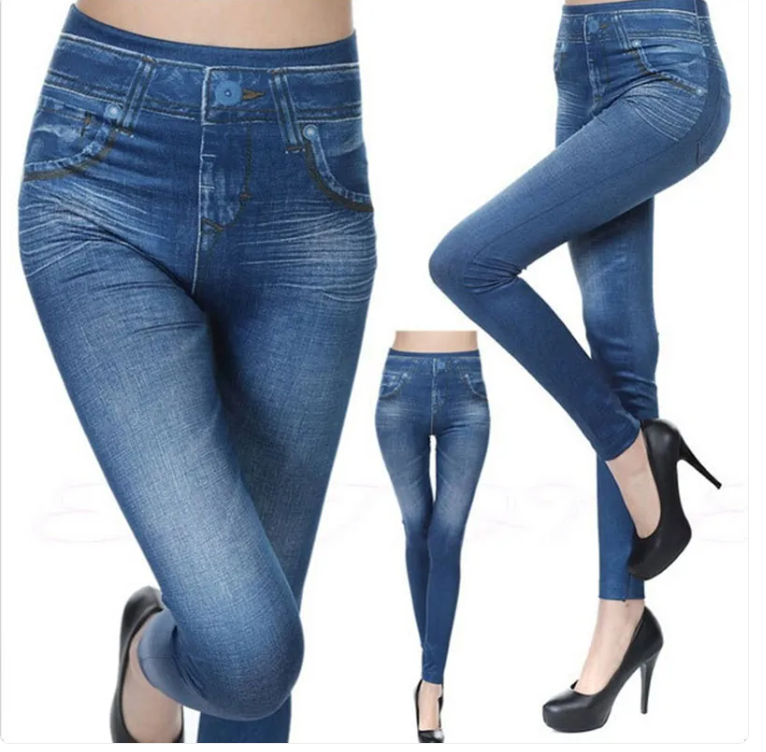 Alvionz denim leggings featuring a fitted design, blue denim fabric, and elastic waistband for a casual, stylish look.