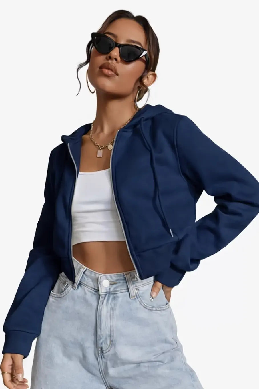 Women's Navy Blue Cropped Zip-Up Hoodie Jacket - Alvionz.de