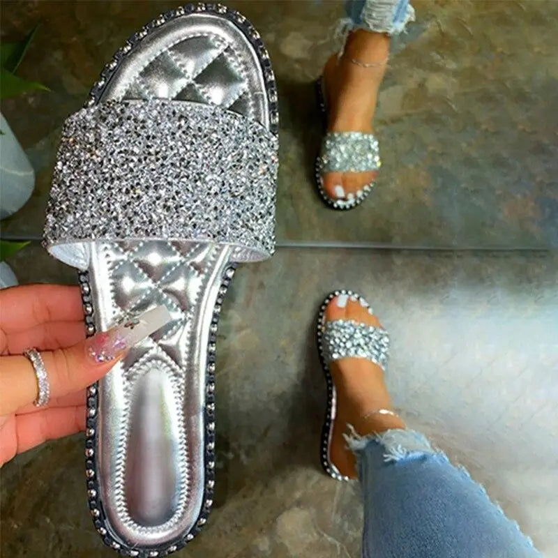 Crystal  Women Slippers Bling Bling Flats Female Beach Shoes Summer Coffee Jasper