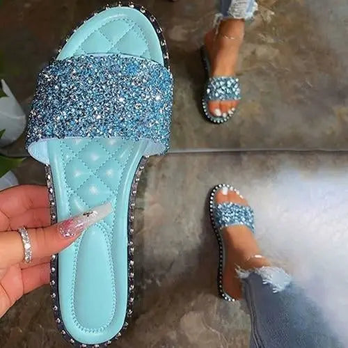Crystal  Women Slippers Bling Bling Flats Female Beach Shoes Summer Coffee Jasper