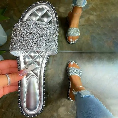 Crystal  Women Slippers Bling Bling Flats Female Beach Shoes Summer Coffee Jasper