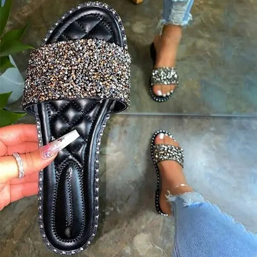 Crystal  Women Slippers Bling Bling Flats Female Beach Shoes Summer Coffee Jasper