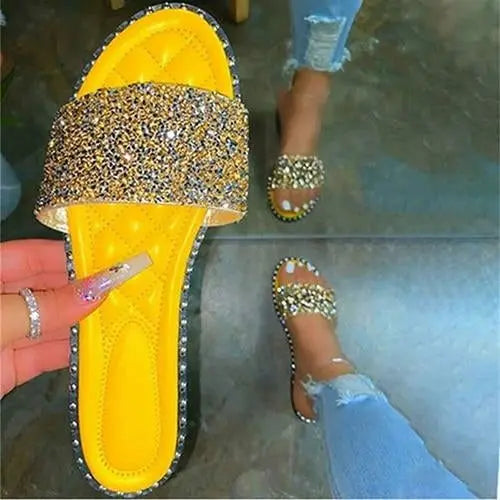 Crystal  Women Slippers Bling Bling Flats Female Beach Shoes Summer Coffee Jasper