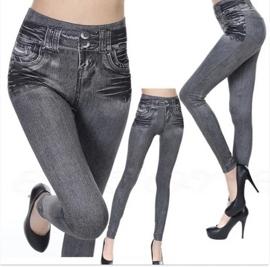 Alvionz denim leggings showing a close-up of slim-fit, stretch denim fabric with detailed stitching and a high-waist design.