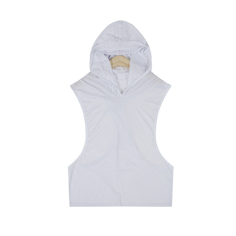 Solid color mesh hooded men's vest from Agate, part of men's sets, featuring breathable mesh fabric and a hood.