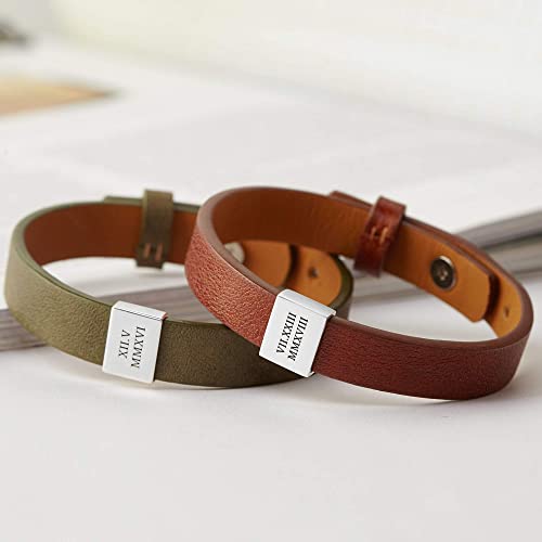 Custom Leather Bracelet Roman Numerals, Valentine Gifts for Boyfriend Green Millie
