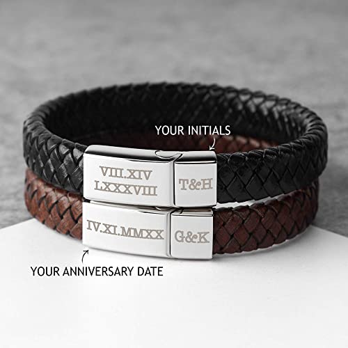 Roman Numerals Engraved Mens Bracelet, Woven Braided Leather Bracelet Green Millie