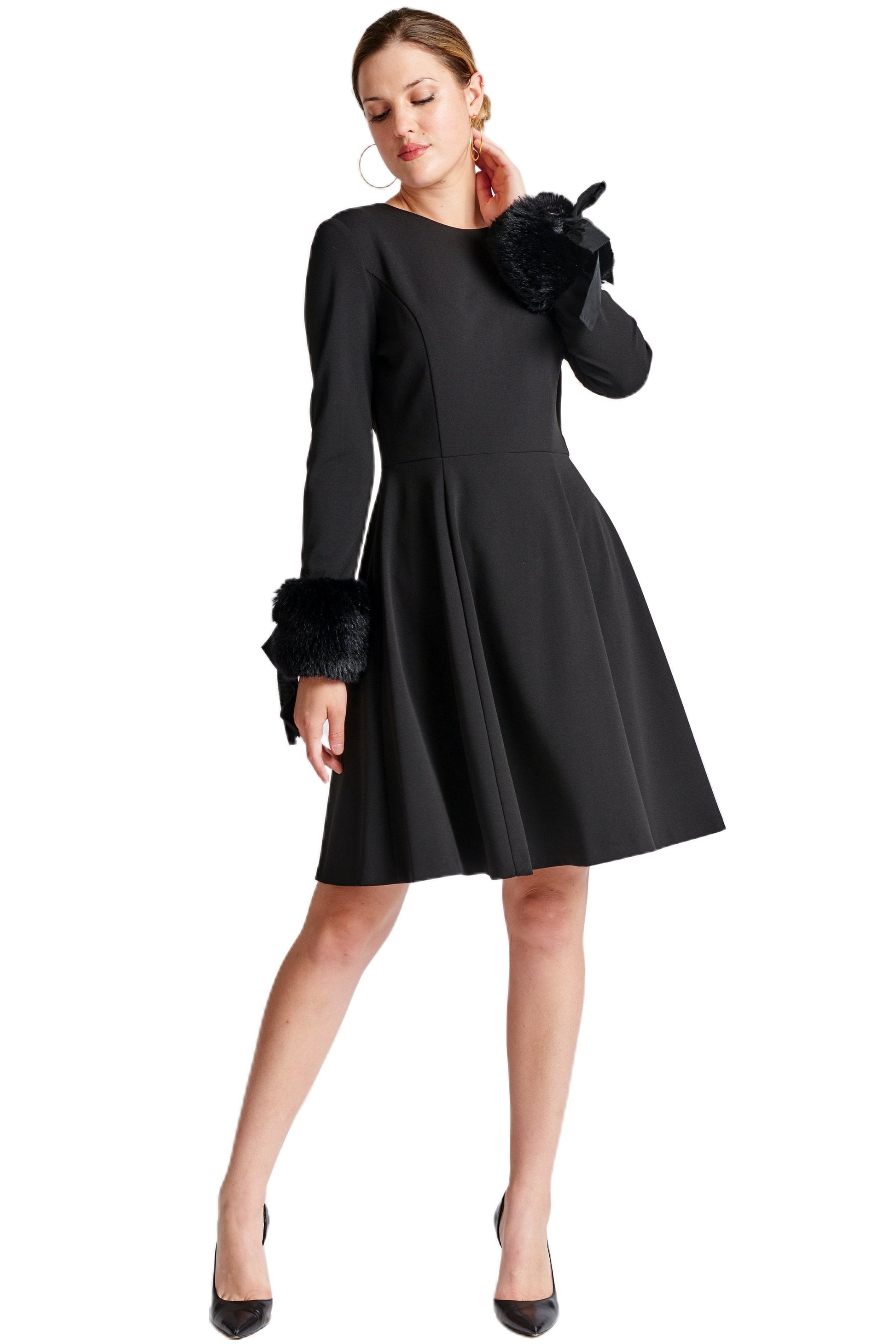 Caroline Dress - Long Sleeve Fit & Flare Black Dress with Faux Fur Peach Dionysus
