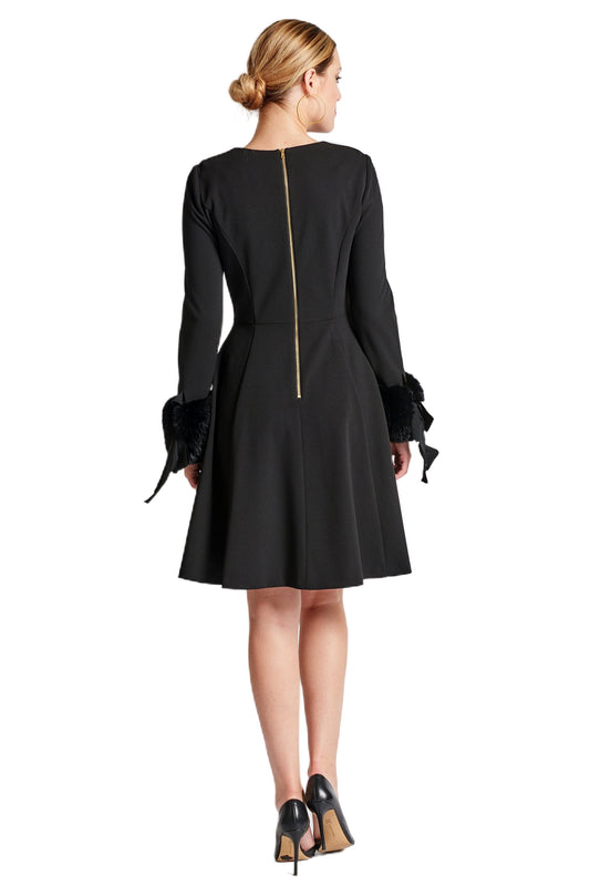 Caroline Dress - Long Sleeve Fit & Flare Black Dress with Faux Fur Peach Dionysus