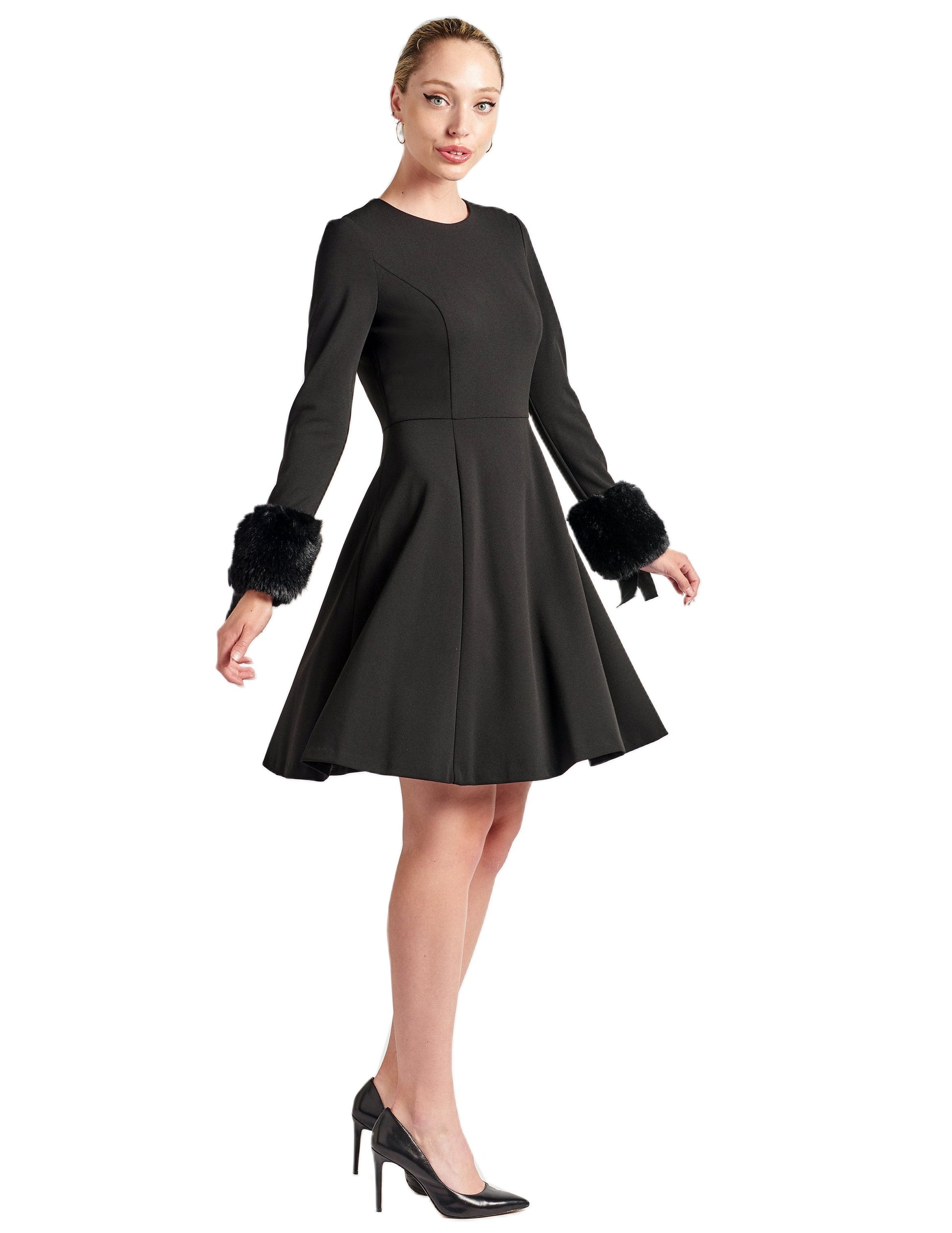 Caroline Dress - Long Sleeve Fit & Flare Black Dress with Faux Fur Peach Dionysus