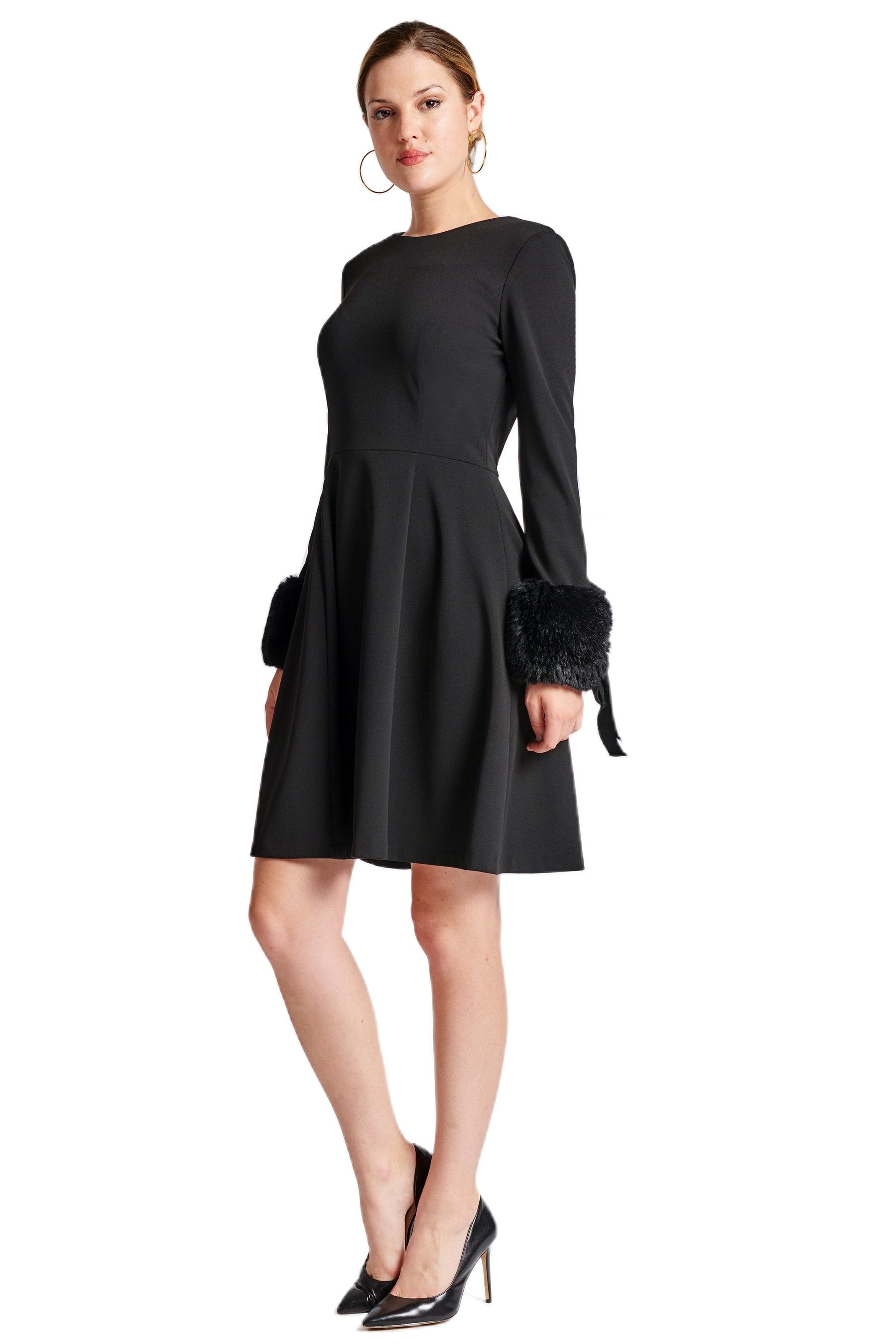 Caroline Dress - Long Sleeve Fit & Flare Black Dress with Faux Fur Peach Dionysus