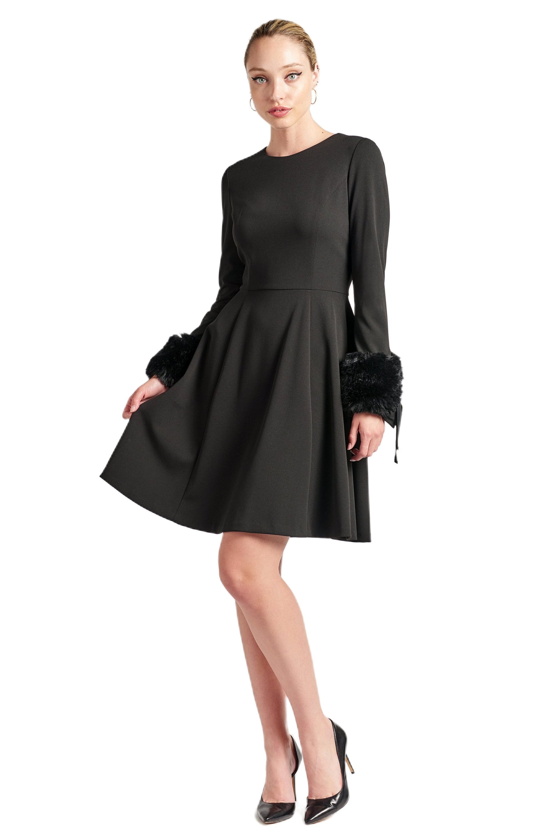 Caroline Dress - Long Sleeve Fit & Flare Black Dress with Faux Fur Peach Dionysus