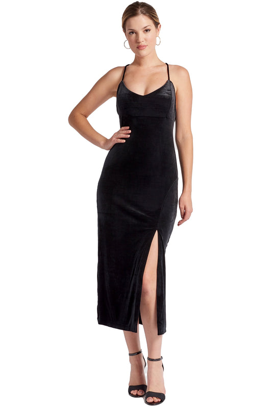 Elle Dress - Velvet slip dress with scooped back and thigh high slit Peach Dionysus
