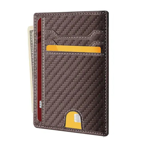 Red men's leather slim wallet by Puce Gaia with RFID blocking technology, designed for credit cards and ID storage.
