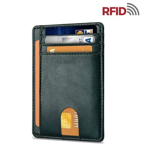 Red men's leather slim wallet by Puce Gaia with RFID blocking technology and a pocket for credit cards and IDs.