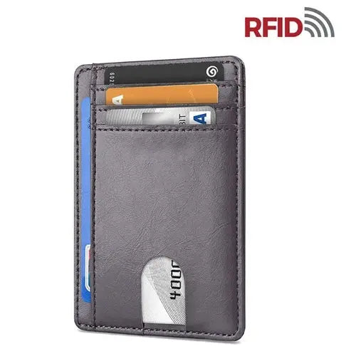Red men's leather slim wallet by Puce Gaia with RFID blocking credit card holder and pocket ID for secure, stylish organization.
