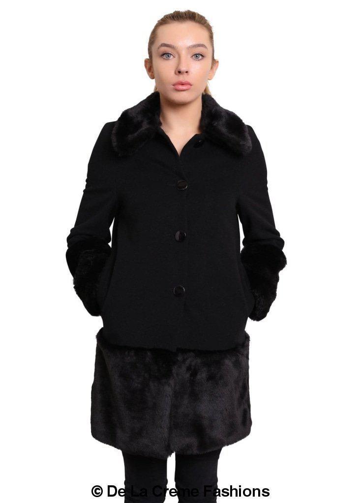 De La Creme - Womens Faux Fur Trim Wool Mix Coat Rose Eleusis
