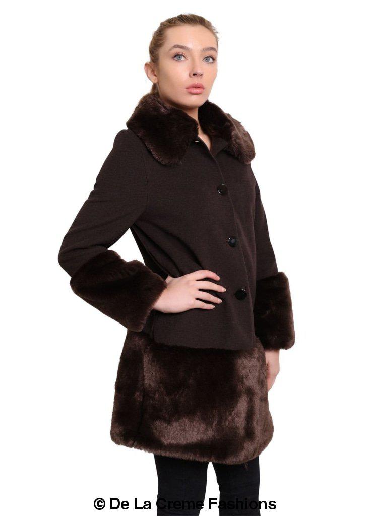 De La Creme - Womens Faux Fur Trim Wool Mix Coat Rose Eleusis