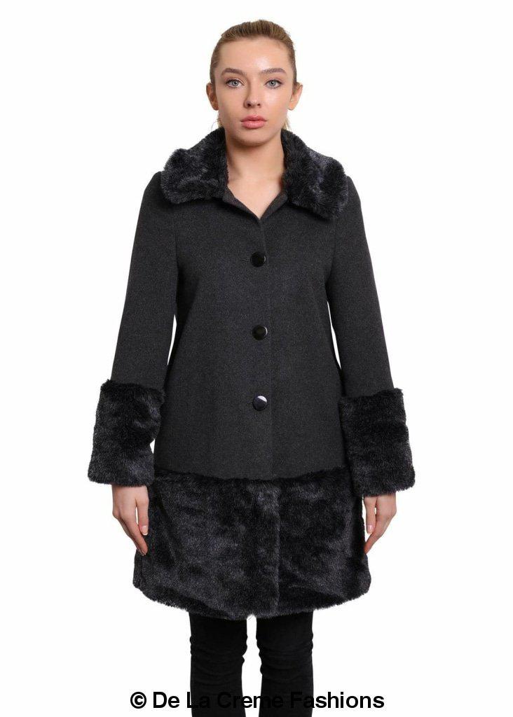 De La Creme - Womens Faux Fur Trim Wool Mix Coat Rose Eleusis