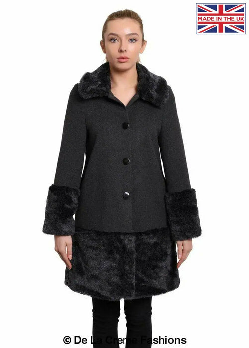 De La Creme - Womens Faux Fur Trim Wool Mix Coat Rose Eleusis