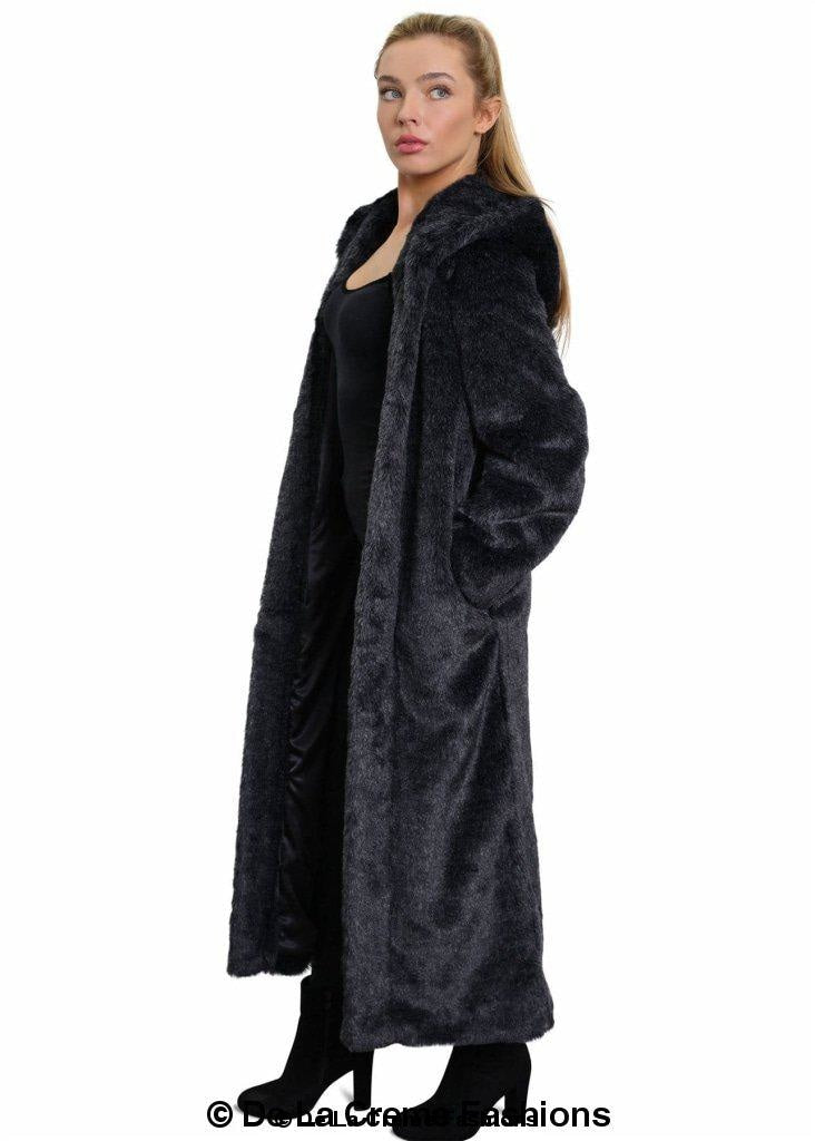 De La Creme - Womens Iconic Faux Fur Hooded Long Coat Rose Eleusis