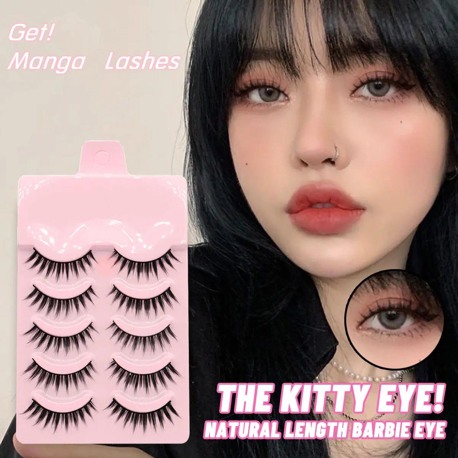 Five pairs of Trendsi manga lashes featuring natural, wispy design for anime cosplay and Korean-inspired artificial false eyelashes.
