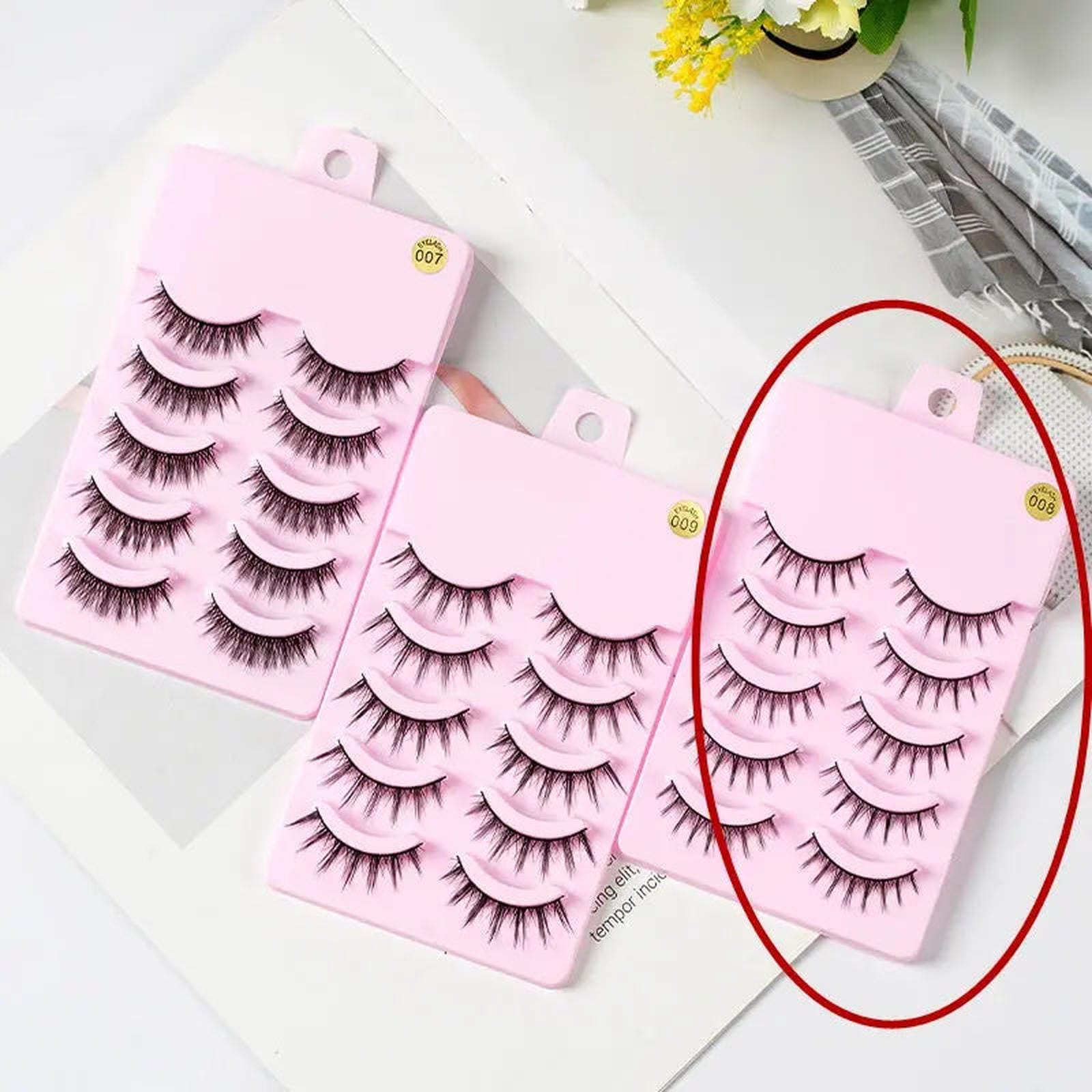 Five pairs of Trendsi Manga Lashes with natural, wispy style for anime cosplay and Korean makeup looks.