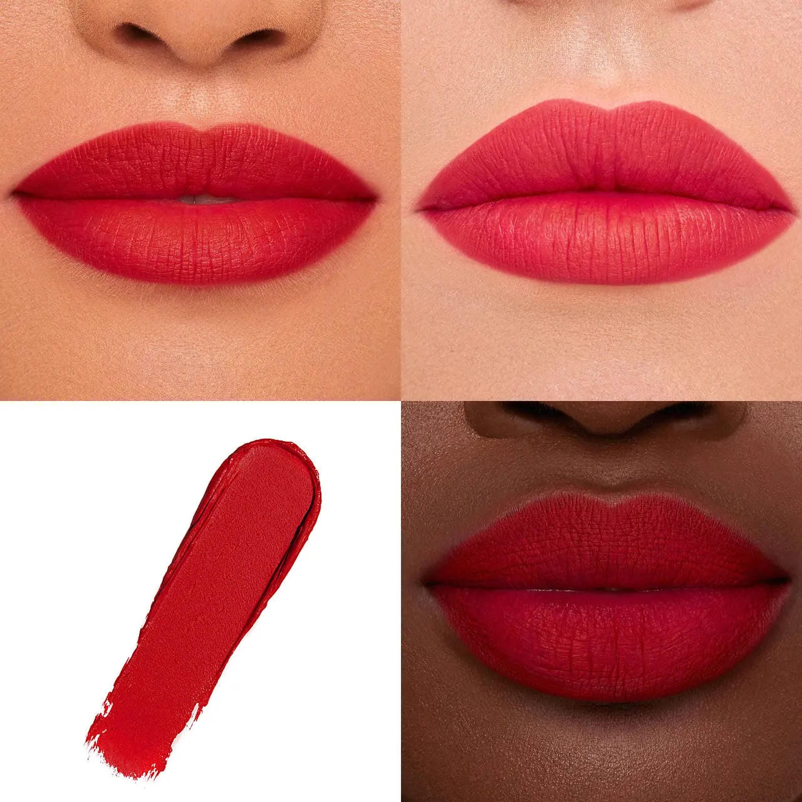 Set of four PHOFAY matte lipsticks by Trendsi, featuring vibrant shades in sleek packaging, displayed in a row.