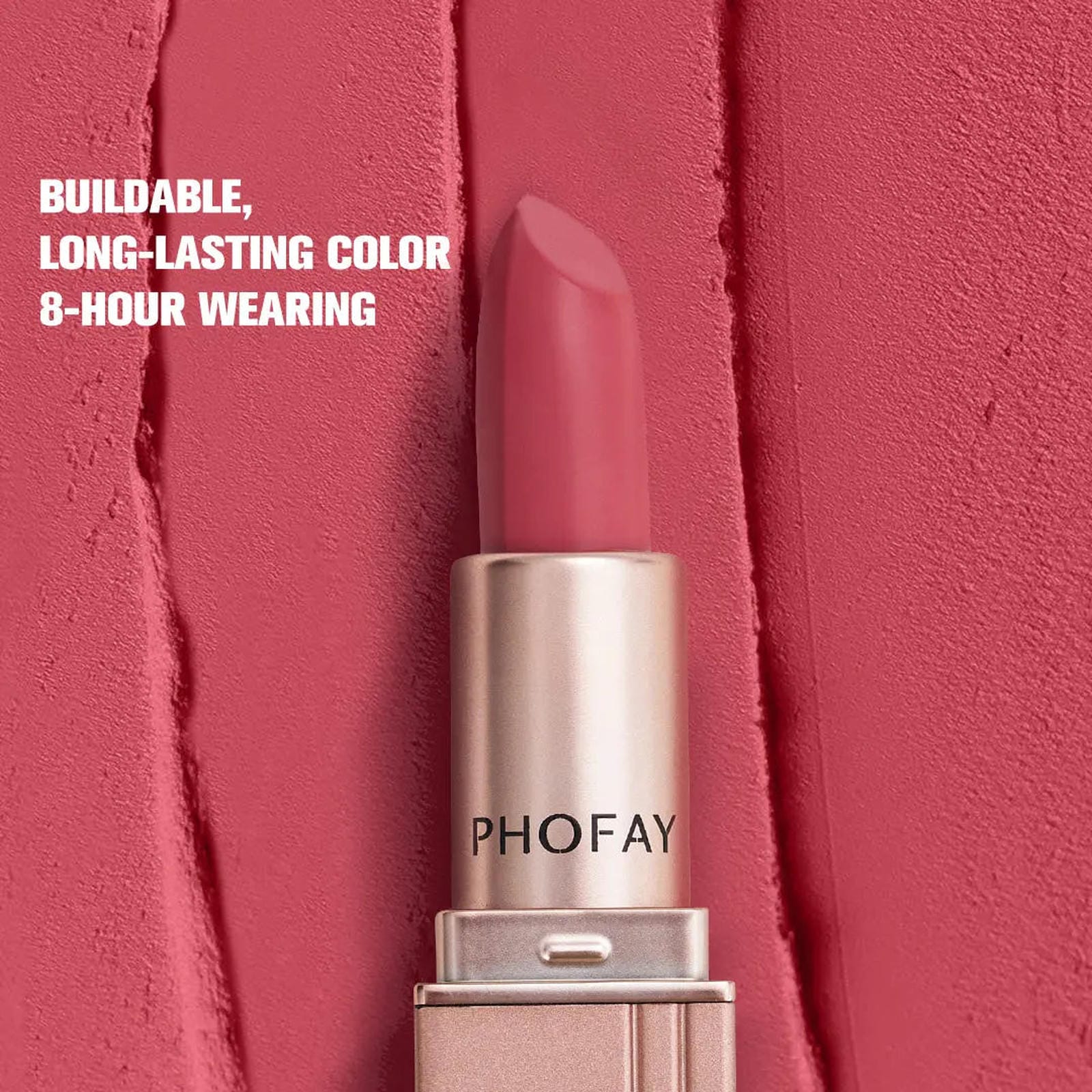 Set of four PHOFAY matte lipsticks by Trendsi in various shades, displayed with open caps showing the lipstick colors.