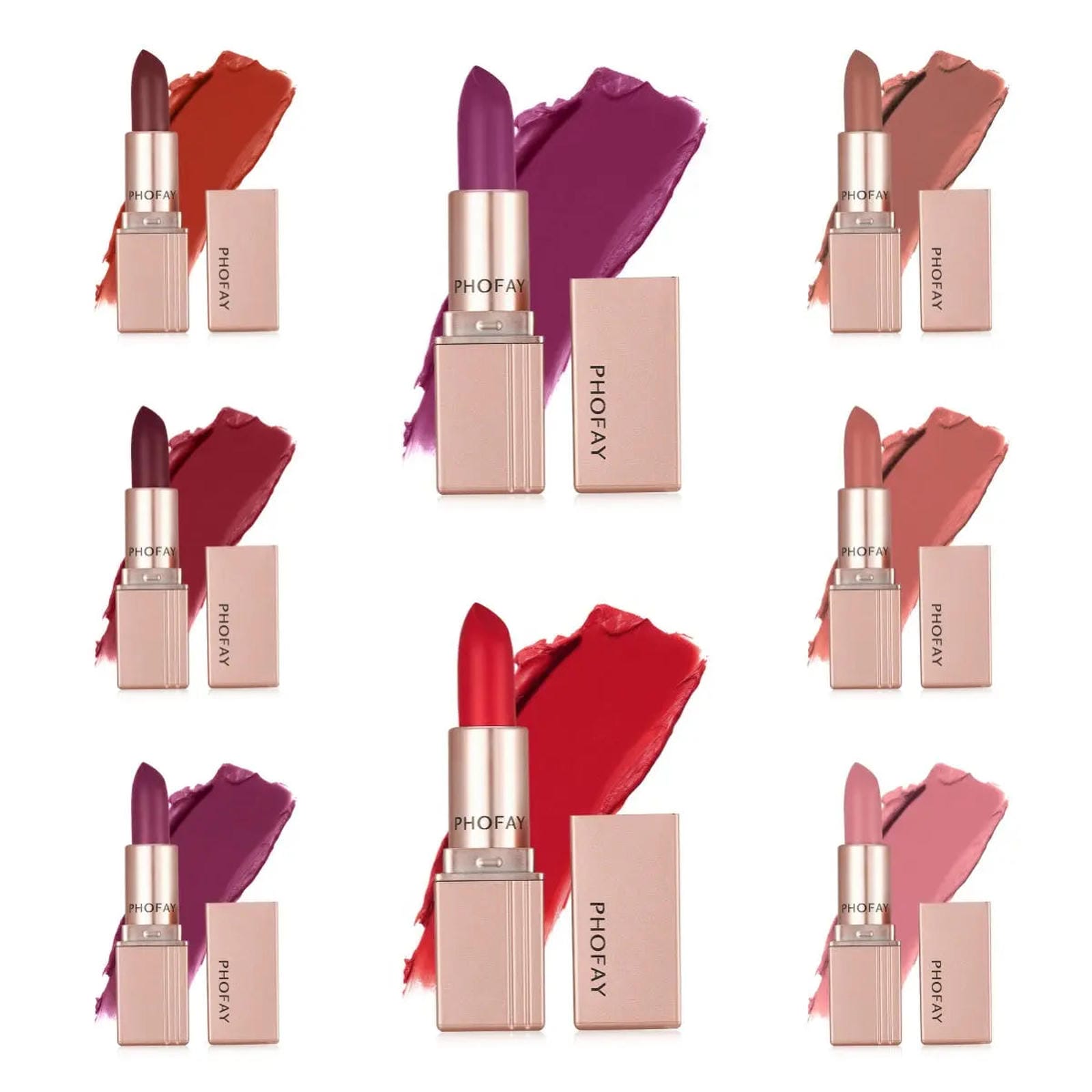Set of four PHOFAY matte lipsticks by Trendsi, featuring sleek packaging and vibrant shades in a display image.