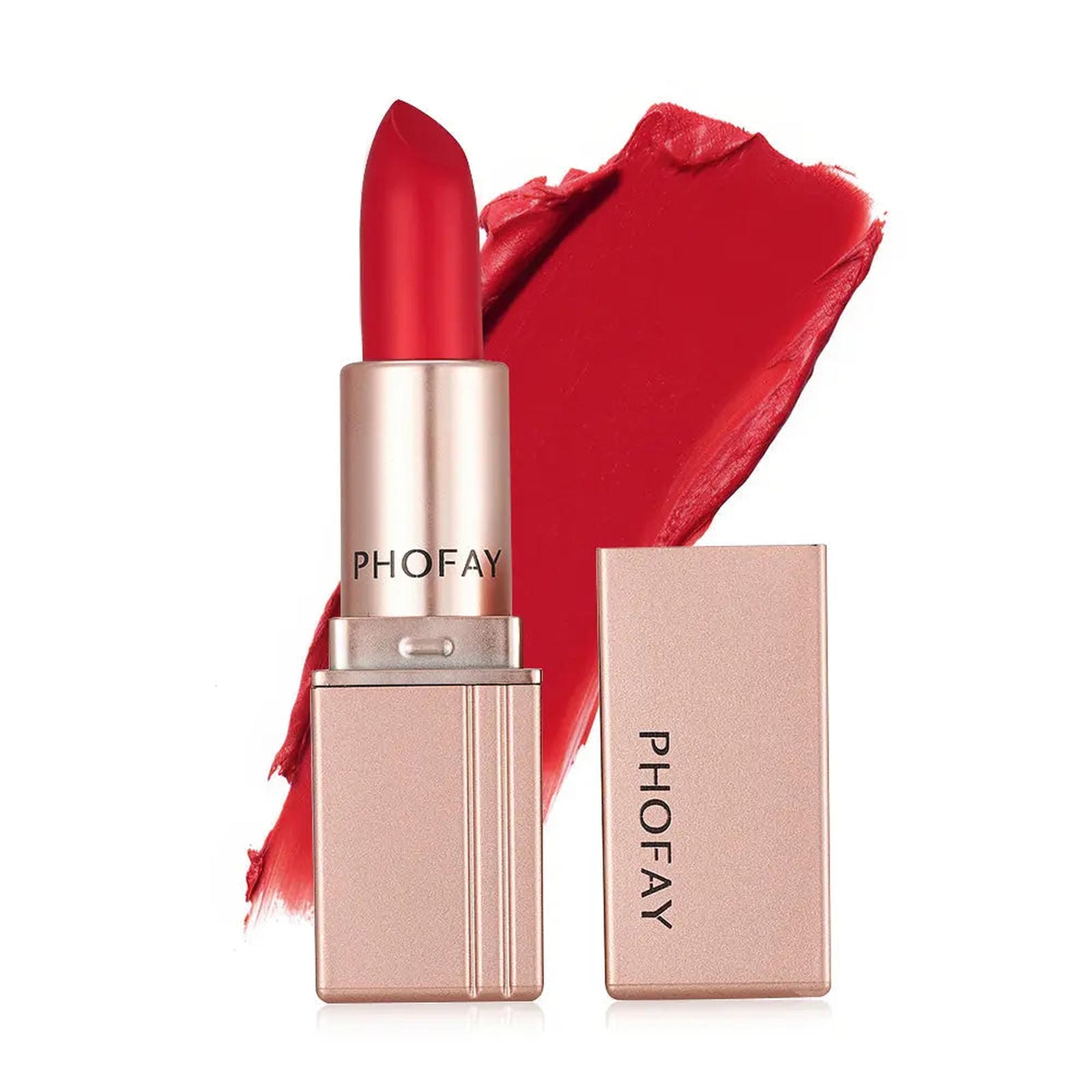 Set of four PHOFAY Matte Lipstick tubes by Trendsi in various shades, displayed in a sleek, professional packaging.