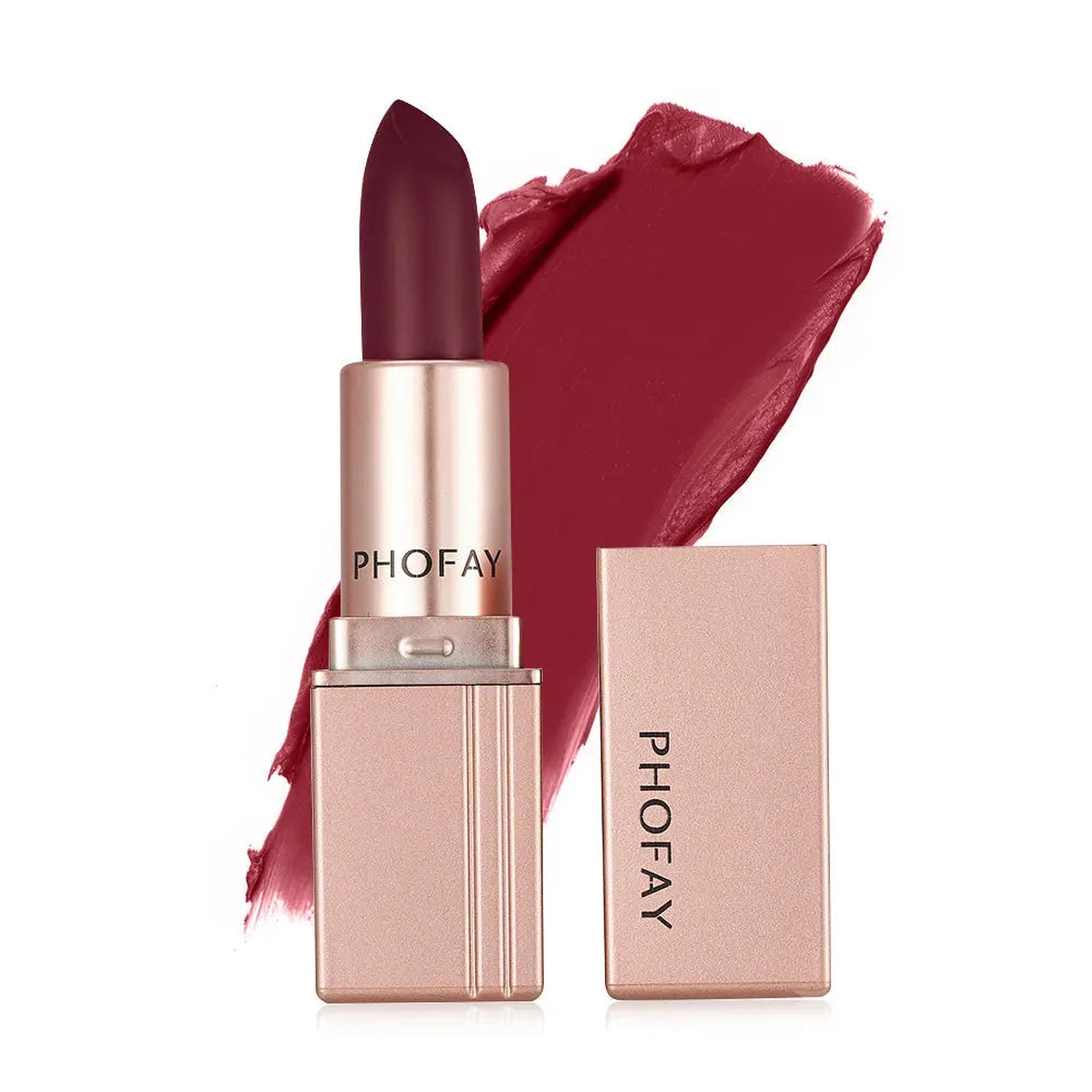 Set of four PHOFAY matte lipsticks by Trendsi in various shades, displayed in a sleek packaging with vibrant color swatches.