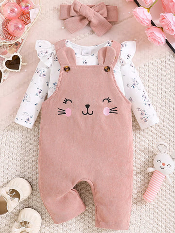 Children's floral print ruffle trim top, corduroy overalls, and headband set by Trendsi for infants, featuring adorable floral and ruffle details.