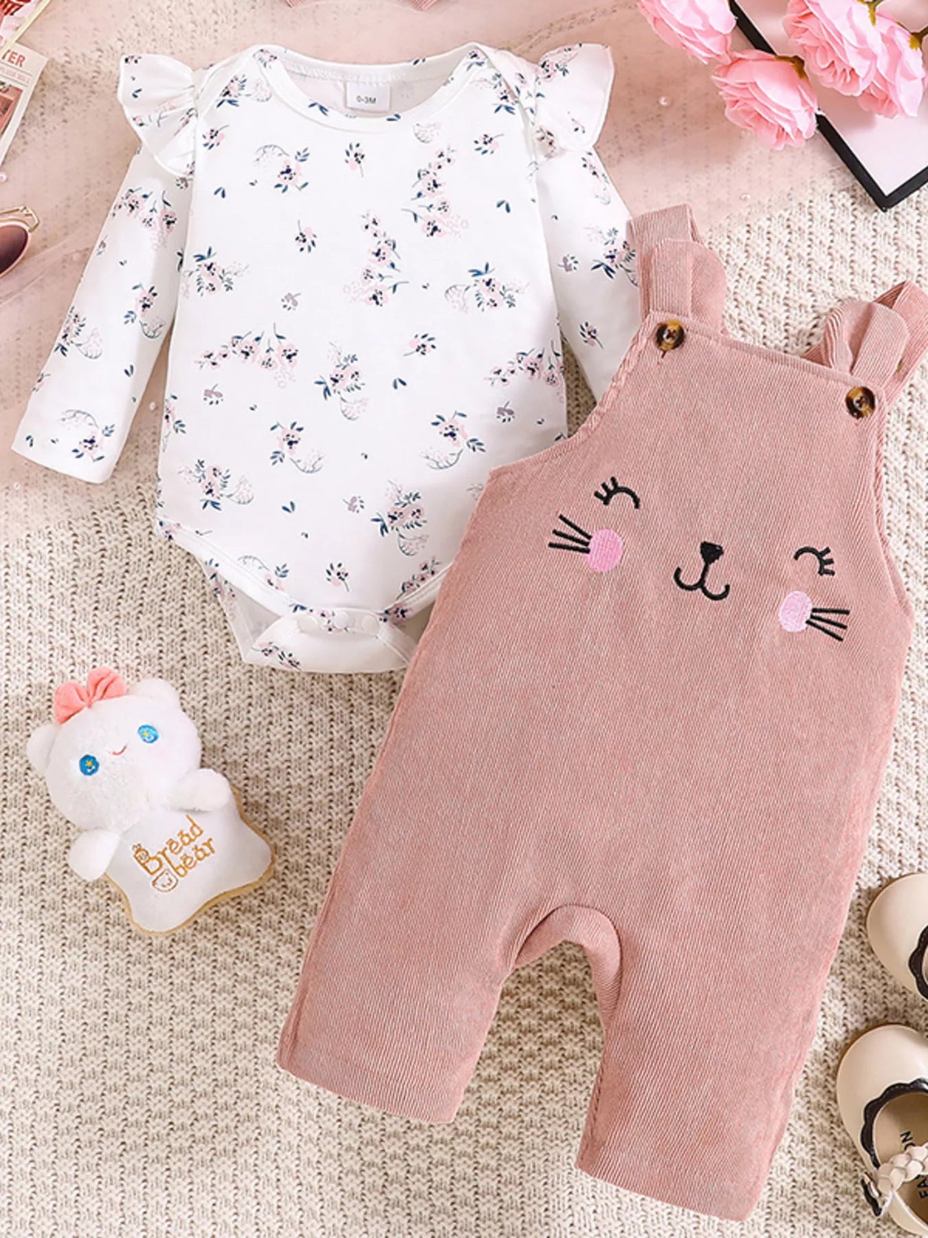 Children's floral print ruffle trim top, corduroy overalls, and headband set by Trendsi, featuring adorable baby clothing in apricot color.